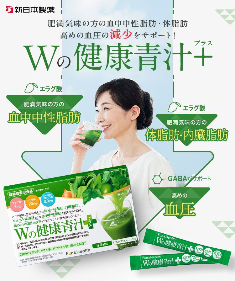 新日本製薬 肥満気味の方の血中中性脂肪・体脂肪・高めの血圧の減少をサポート！ Wの健康青汁 エラグ酸 肥満気味の方の血中中性脂肪 エラグ酸 肥満気味の方の体脂肪・内臓脂肪 GABAがサポート 高めの血圧